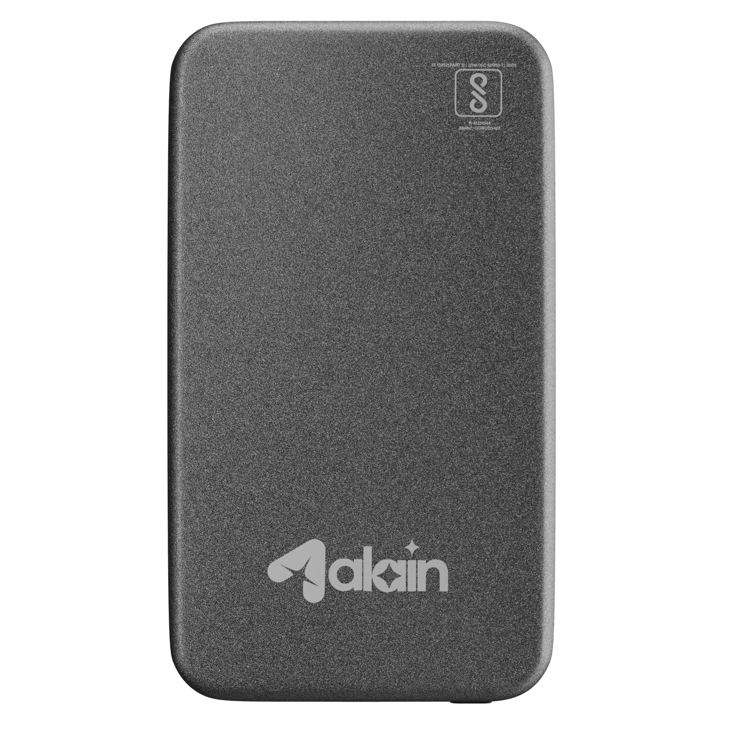 Sleek black portable power bank with rounded edges and minimalist design