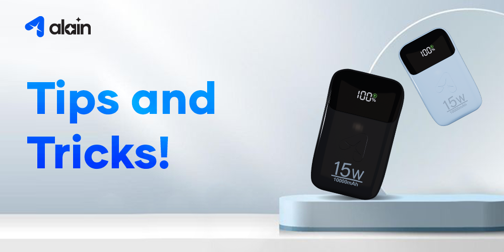 Two compact 15W 10000mAh power banks on display, text reads Tips and Tricks.