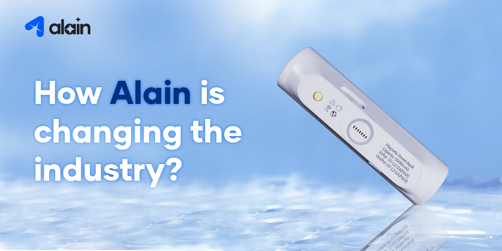 White portable power bank on a blue background with tech industry innovation text.