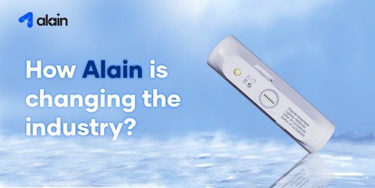 White portable power bank on a blue background with tech industry innovation text.