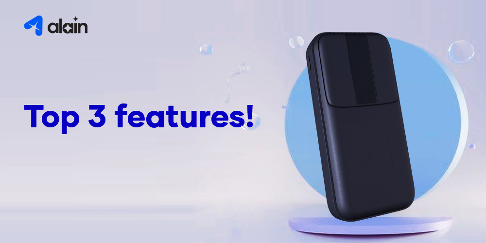 Black portable power bank on blue background with 'Top 3 features' text