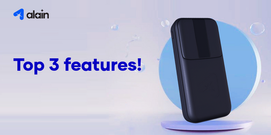Black portable power bank on blue background with 'Top 3 features' text