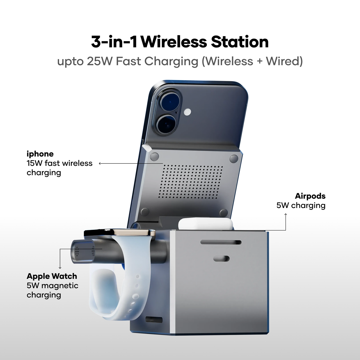 alain CubePod Trio 3-in-1 Qi2 Wireless Charging Station 20W - Black