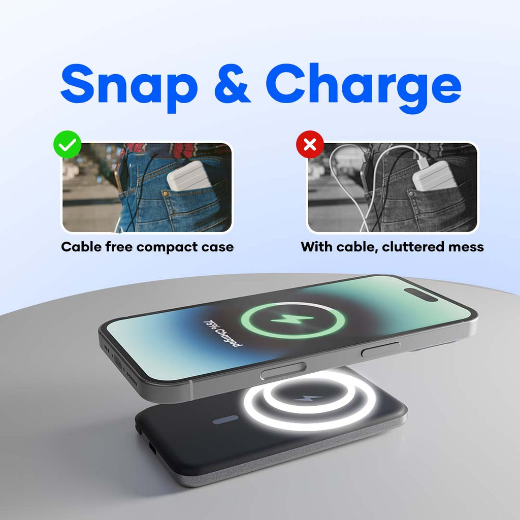 Wireless charger magnetically attached to smartphone, compact and cable-free design comparison