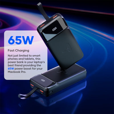 65W fast charging black power bank for laptops, smartphones, and tablets on colorful background