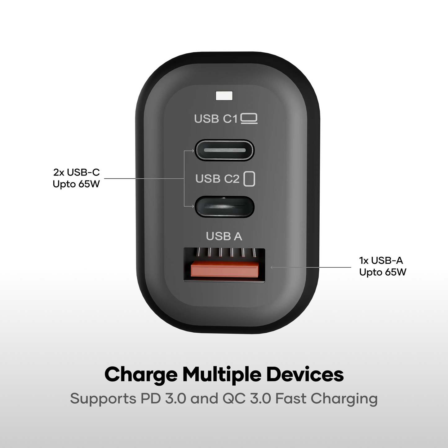 alain HyperLux 65W GaN Fast Charger 3 Ports (2 USB-C + 1 USB-A) - Black