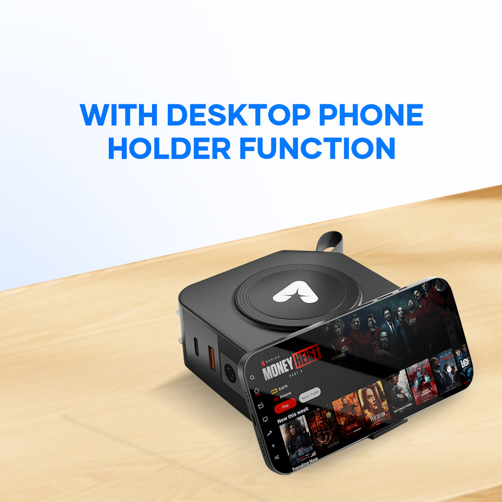 Portable power bank with desktop phone holder function, phone displayed on stand