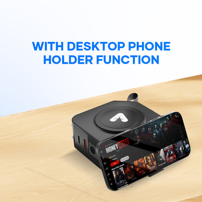Portable power bank with desktop phone holder function, phone displayed on stand