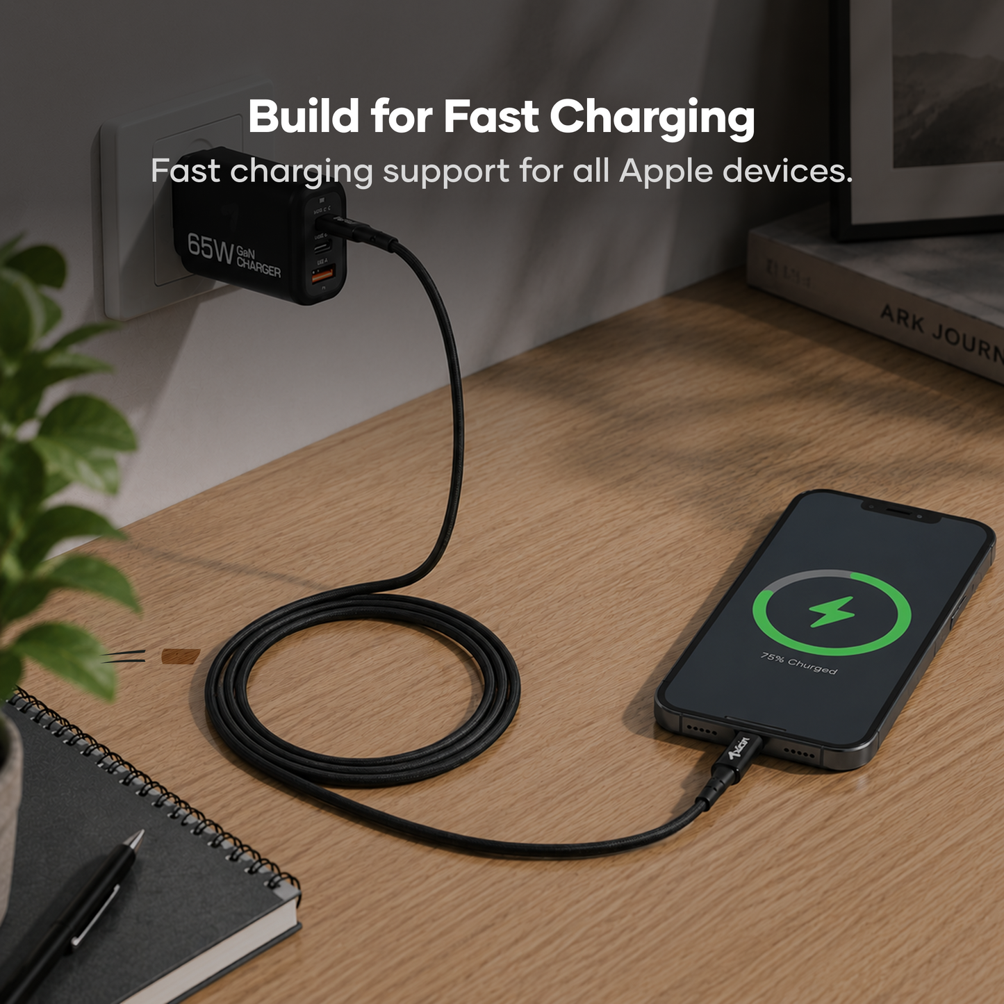 alain Nexo USB-C to Lightning Nylon Braided Fast Charging Cable 27W 1.2m - Black