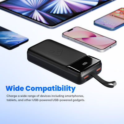 Black USB power bank with digital display charging smartphones and a tablet, wide compatibility