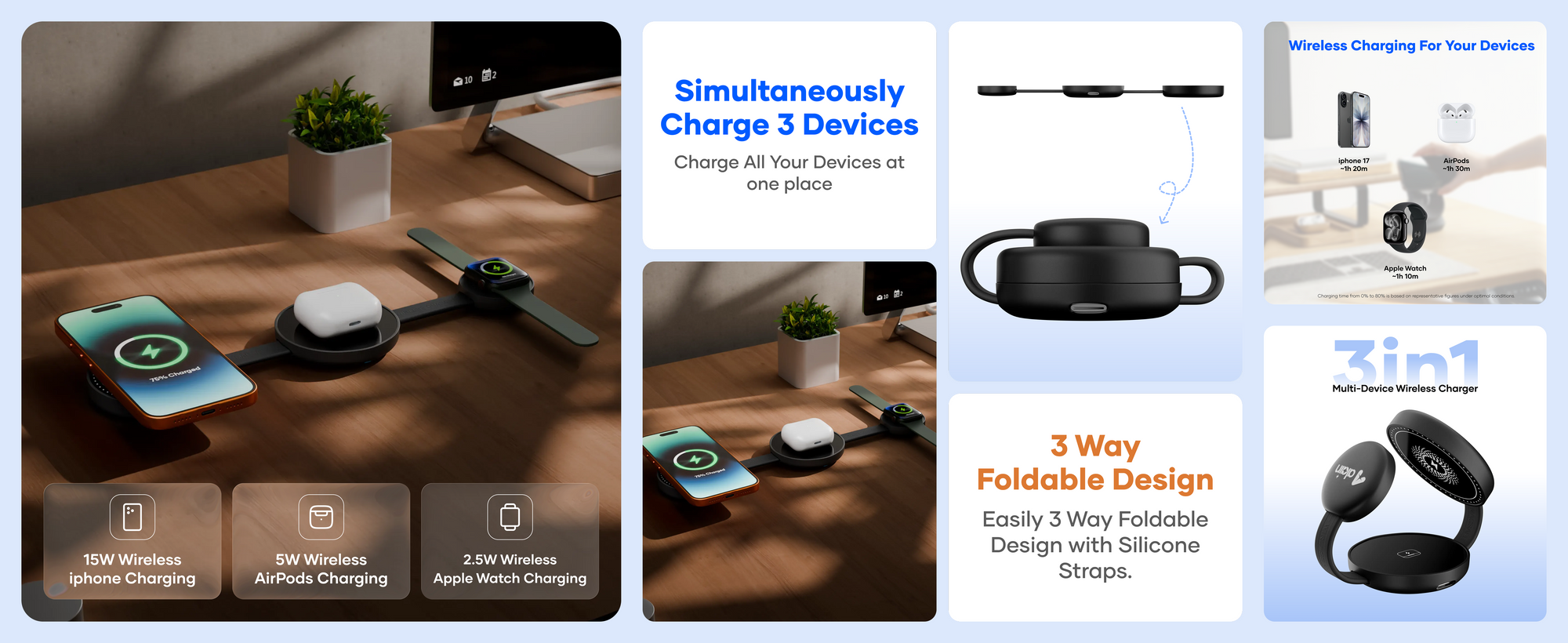 alain Trifold 3-in-1 Foldable Wireless Charging Station 15W - Black