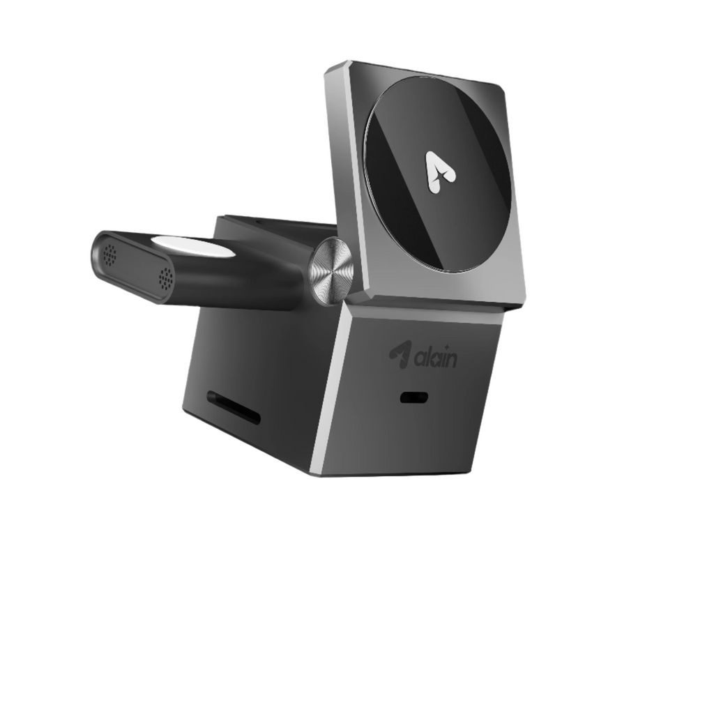Modern black wireless charger dock with logo, for smartphones and smartwatches