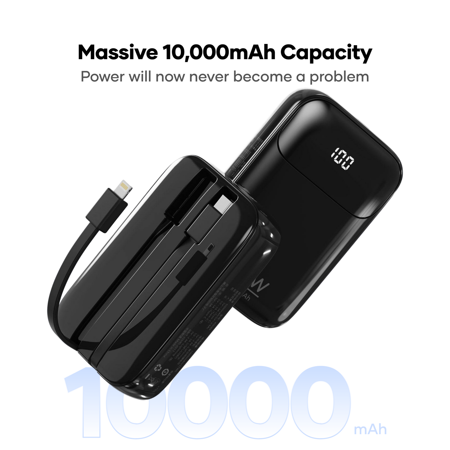 alain PowerFlex 10000mAh Power Bank – 15W Fast Charging, Built-in Type-C & Lightning Cables, LED Display (Black/Blue/White)