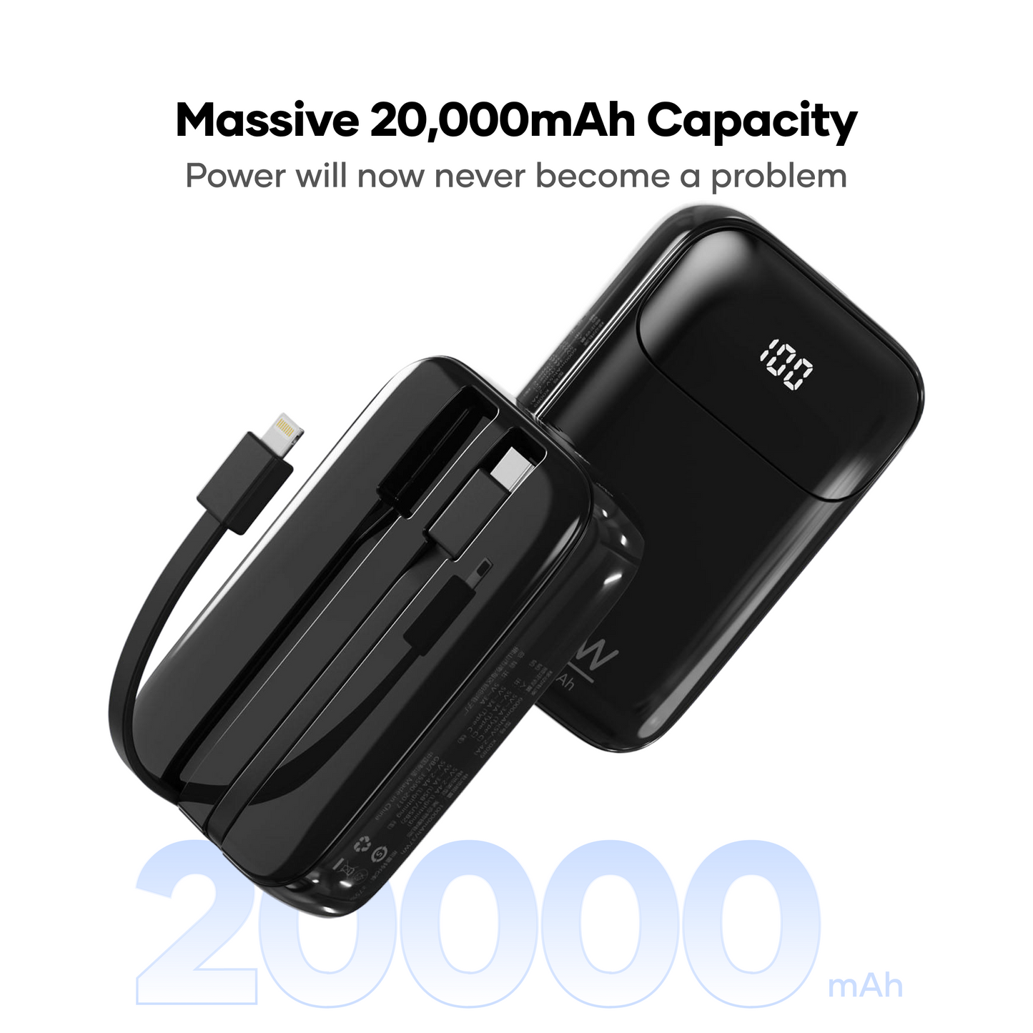 alain PowerFlex 20000mAh Power Bank – 15W Fast Charging, Built-in Type-C & Lightning Cables, LED Display (Black/Blue/White)