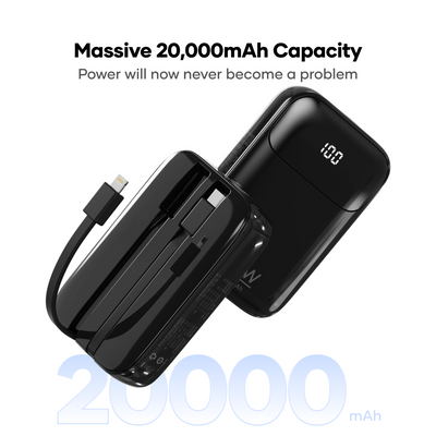 alain PowerFlex 20000mAh Power Bank – 15W Fast Charging, Built-in Type-C & Lightning Cables, LED Display (Black/Blue/White)