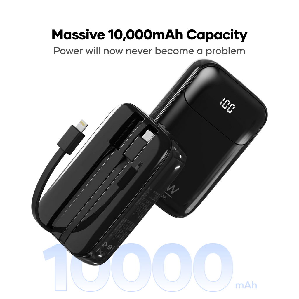 alain PowerFlex 10000mAh Power Bank – 22.5W PD Fast Charging, Built-in Type-C & Lightning Cables, LED Display (Black/Blue/White)