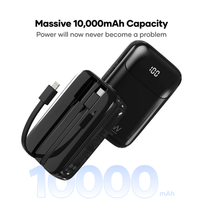 alain PowerFlex 10000mAh Power Bank – 22.5W PD Fast Charging, Built-in Type-C & Lightning Cables, LED Display (Black/Blue/White)