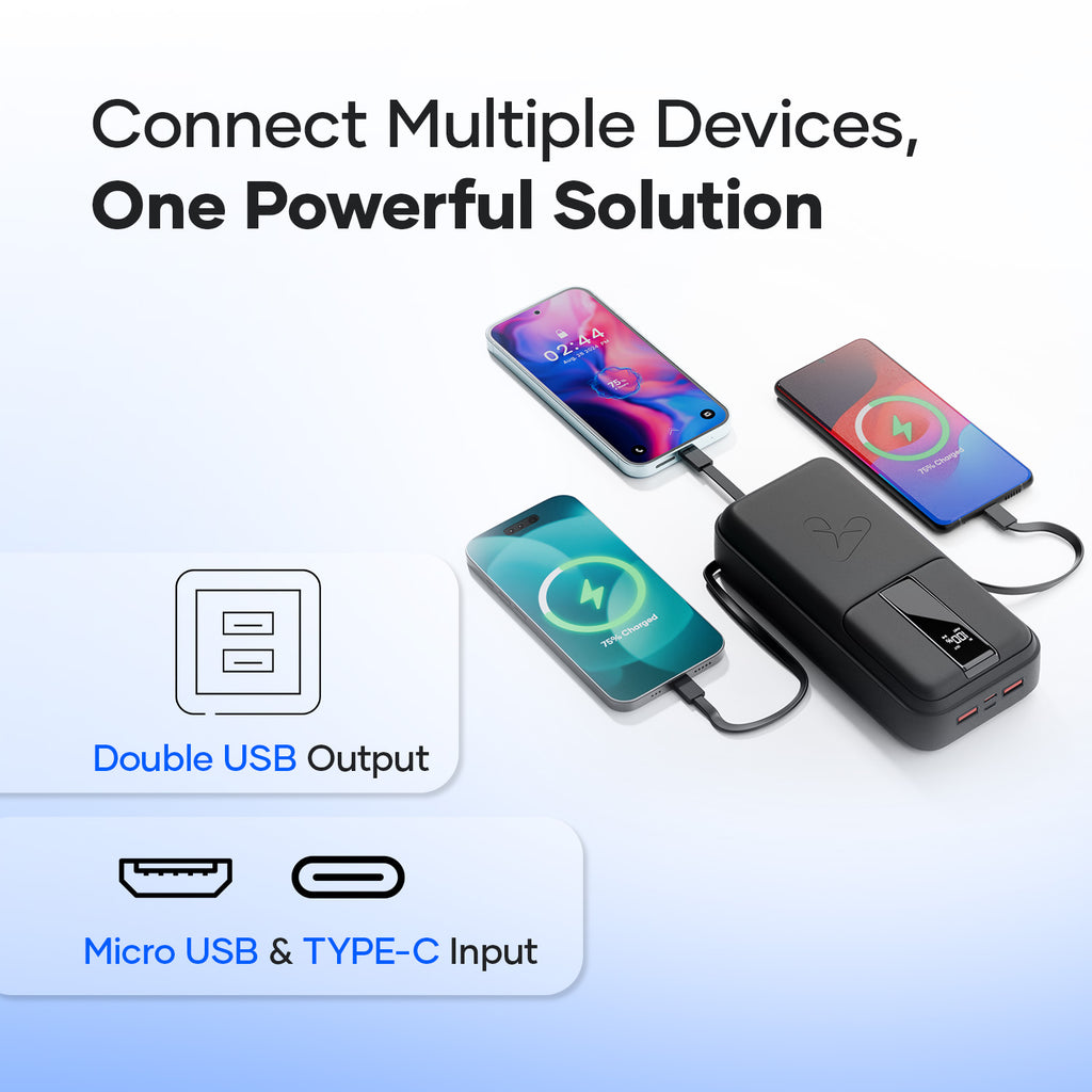 Multi-device power bank with double USB output, Micro USB and Type-C input, charging phones