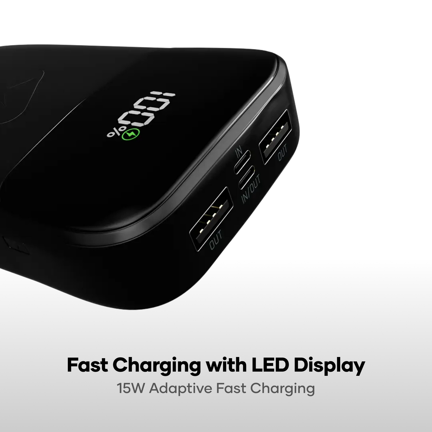 alain PowerFlex 10000mAh Power Bank – 15W Fast Charging, Built-in Type-C & Lightning Cables, LED Display (Black/Blue/White)