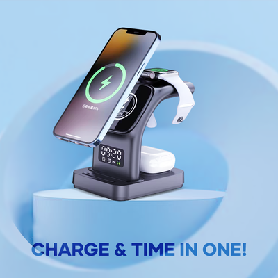 3-in-1 wireless charger with digital clock charging a smartphone, smartwatch, and earbuds.