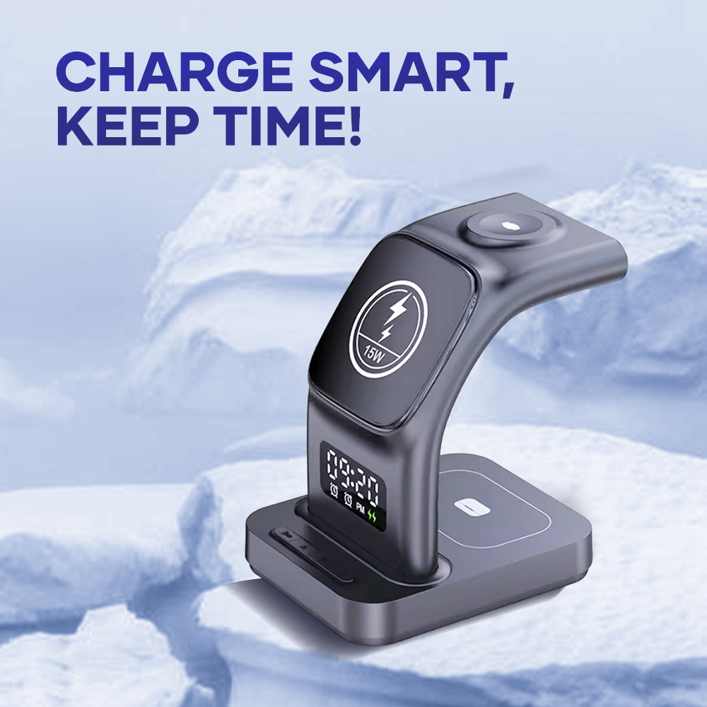 3 in 1 wireless charger with digital clock display, 15W fast charging station