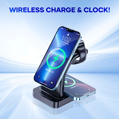 3 in 1 wireless charging station with digital clock, charging smartphones and smartwatch