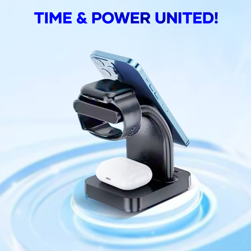 3 in 1 wireless charger charging smartphone, smartwatch, and earbuds on a blue background