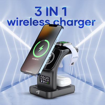 3 in 1 wireless charging station charging smartphone, smartwatch, and earbuds on blue background