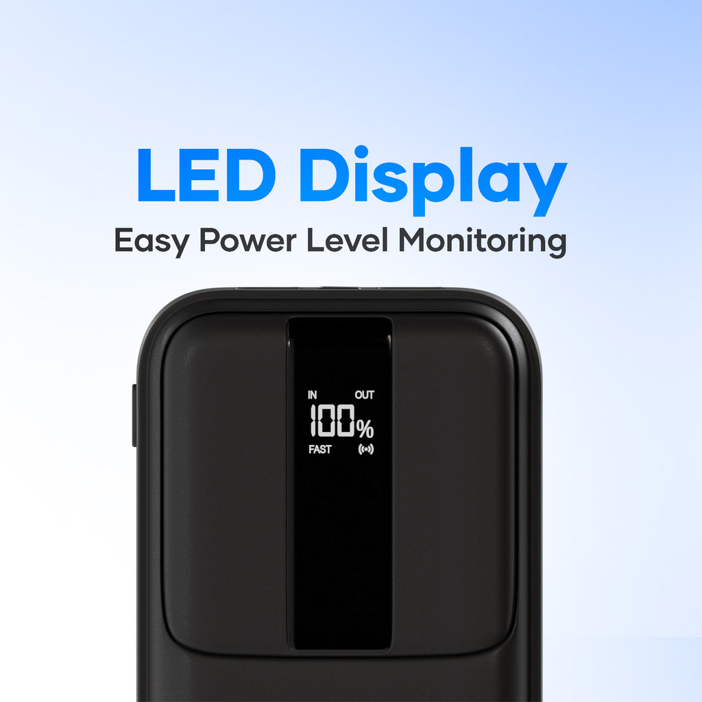 Black power bank with LED display showing battery percentage and fast charging status