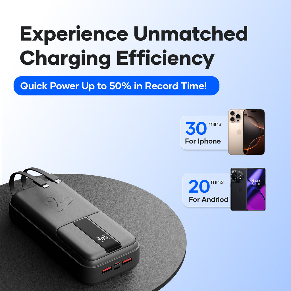 Fast charging power bank with digital display, dual cables, and ports for iPhone and Android phones