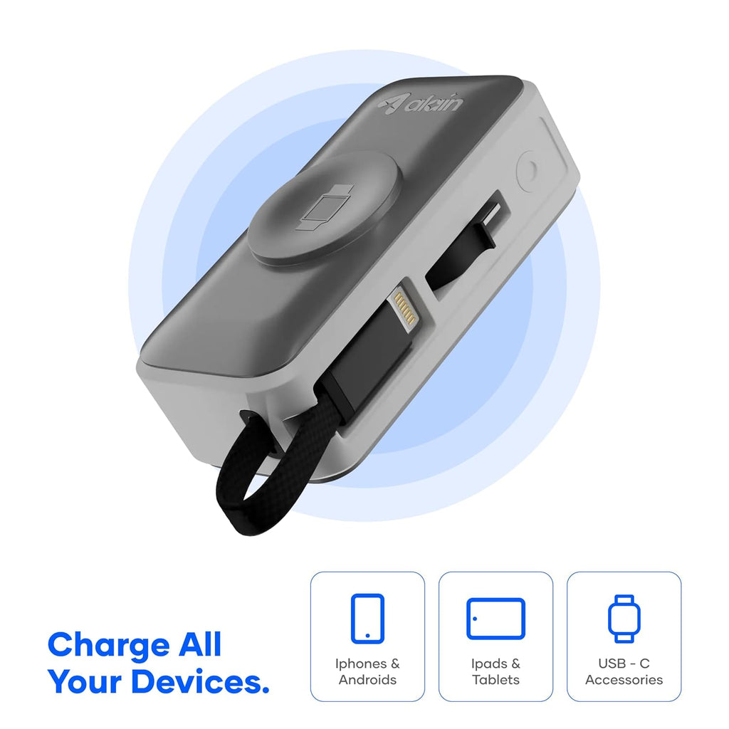alain Pocket Charge Pro 5000mAh Mini Power Bank | 22.5W Type-C & Lightning Fast Charging Output | 2.5W Wireless Charging | LED Indicators, Multi-Layer Protections, Android & iPhone Support (Grey)