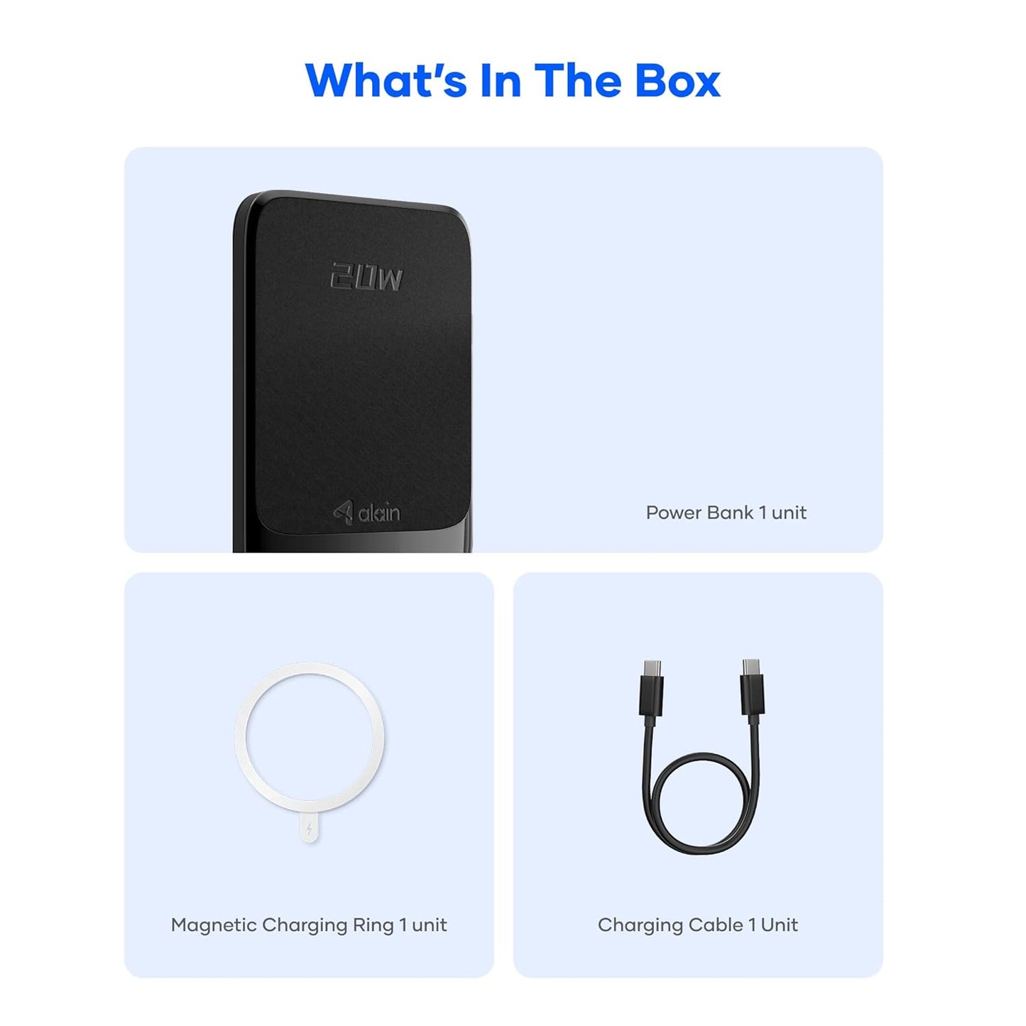alain Prime Wireless 5000mAh Power Bank | Compatible with 20W PD Type C Fast Charging & 15W Wireless Output | Portable Slim Powerbank for iPhones, Androids (Black)