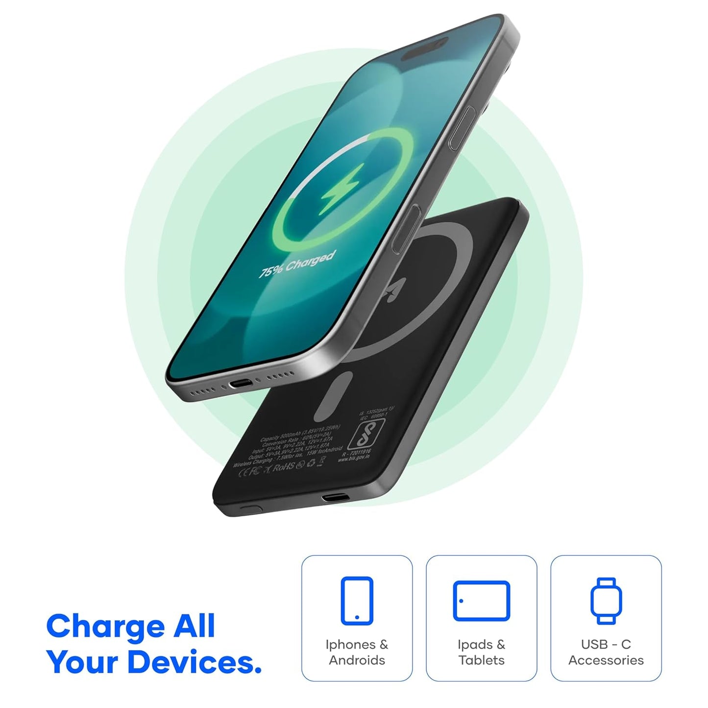 alain Air Mag 5000mAh Magnetic Wireless Power Bank, 20W PD Type C Fast Charging 15W MagSafe Compatible Portable Battery Backup for iPhone, Samsung, Android (Black)