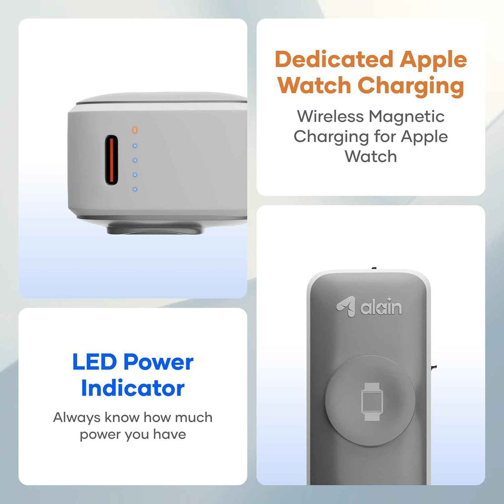 alain Pocket Charge Pro 22.5W Fast Charging Power Bank 5000 mAh with Apple Watch Pad - Grey