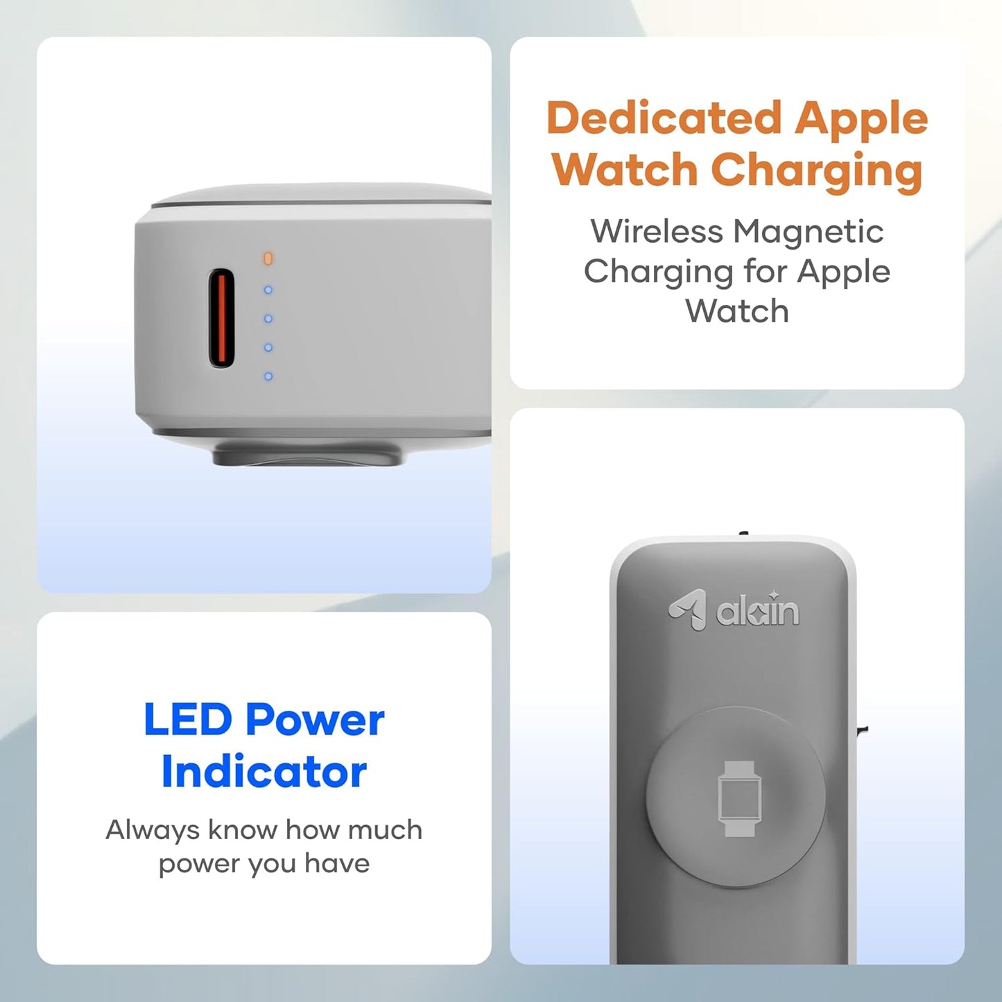 alain Pocket Charge Pro 5000mAh Mini Power Bank | 22.5W Type-C & Lightning Fast Charging Output | 2.5W Wireless Charging | LED Indicators, Multi-Layer Protections, Android & iPhone Support (Grey)