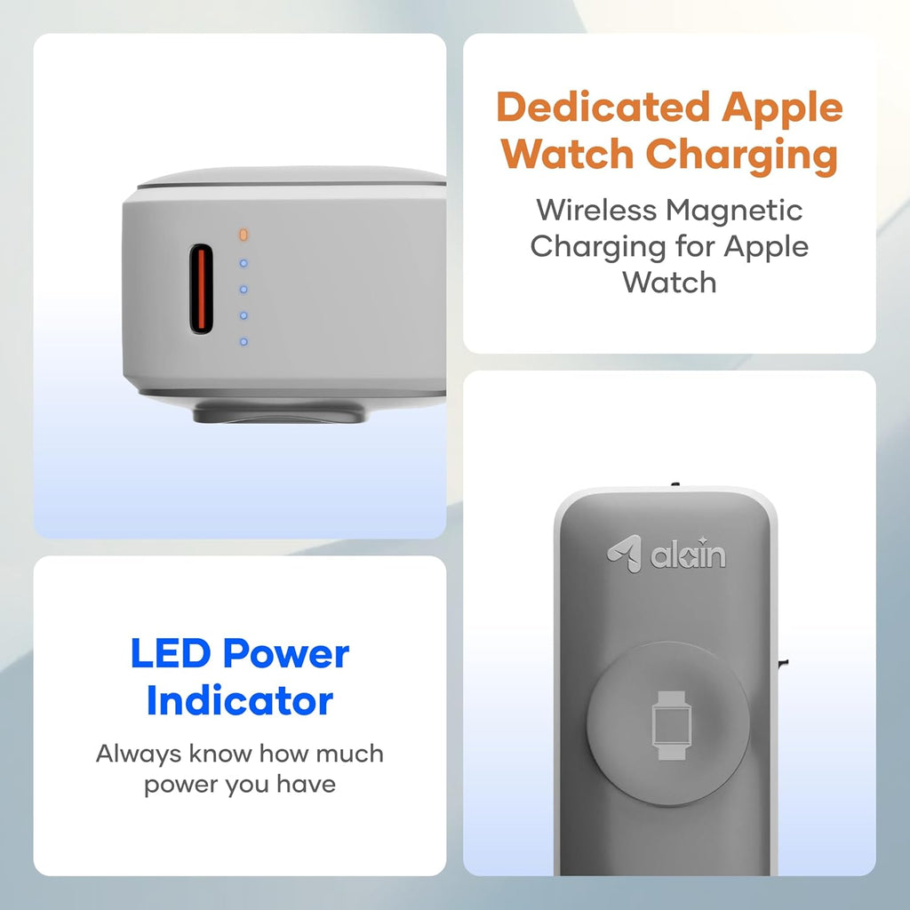alain Pocket Charge Pro 5000mAh Mini Power Bank | 22.5W Type-C & Lightning Fast Charging Output | 2.5W Wireless Charging | LED Indicators, Multi-Layer Protections, Android & iPhone Support (Grey)