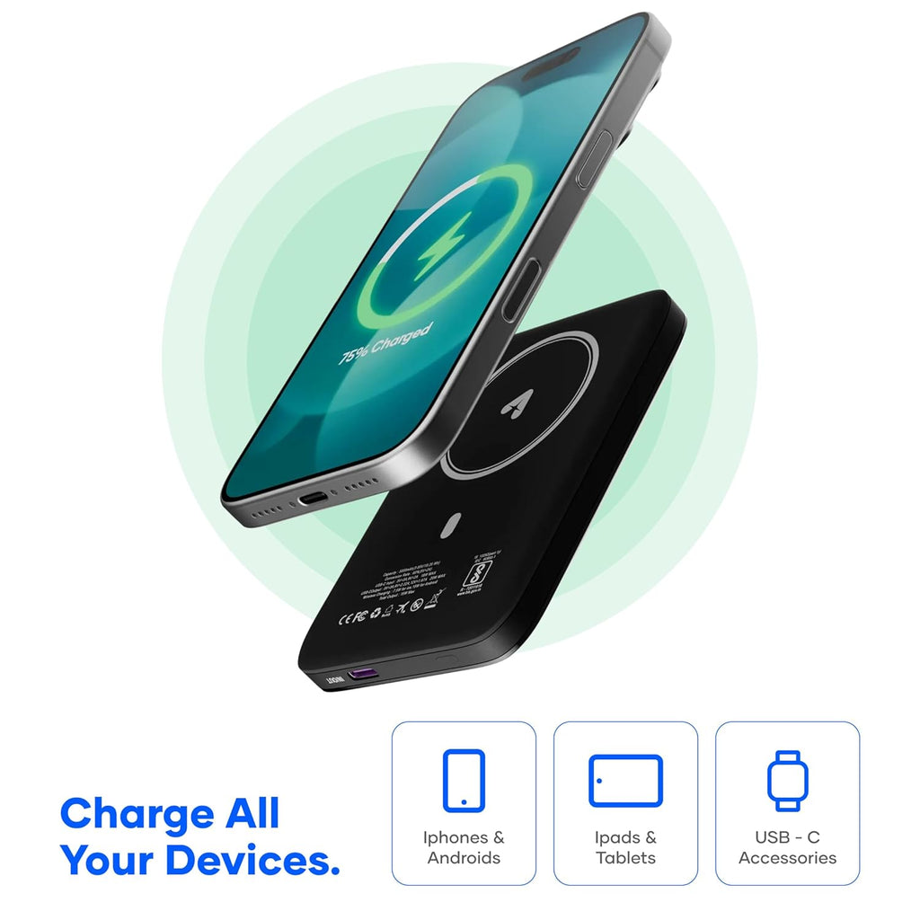 alain Prime Wireless 5000mAh Power Bank | Compatible with 20W PD Type C Fast Charging & 15W Wireless Output | Portable Slim Powerbank for iPhones, Androids (Black)