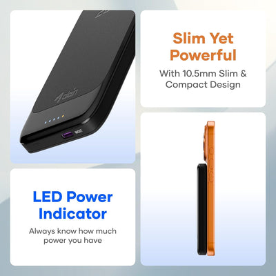 alain Prime Wireless 5000mAh Power Bank | Compatible with 20W PD Type C Fast Charging & 15W Wireless Output | Portable Slim Powerbank for iPhones, Androids (Black)