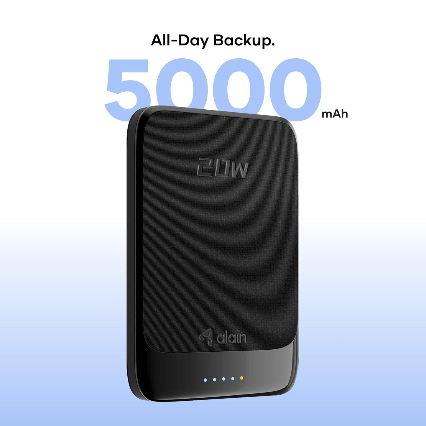 alain Prime Wireless 5000mAh Power Bank | Compatible with 20W PD Type C Fast Charging & 15W Wireless Output | Portable Slim Powerbank for iPhones, Androids (Black)