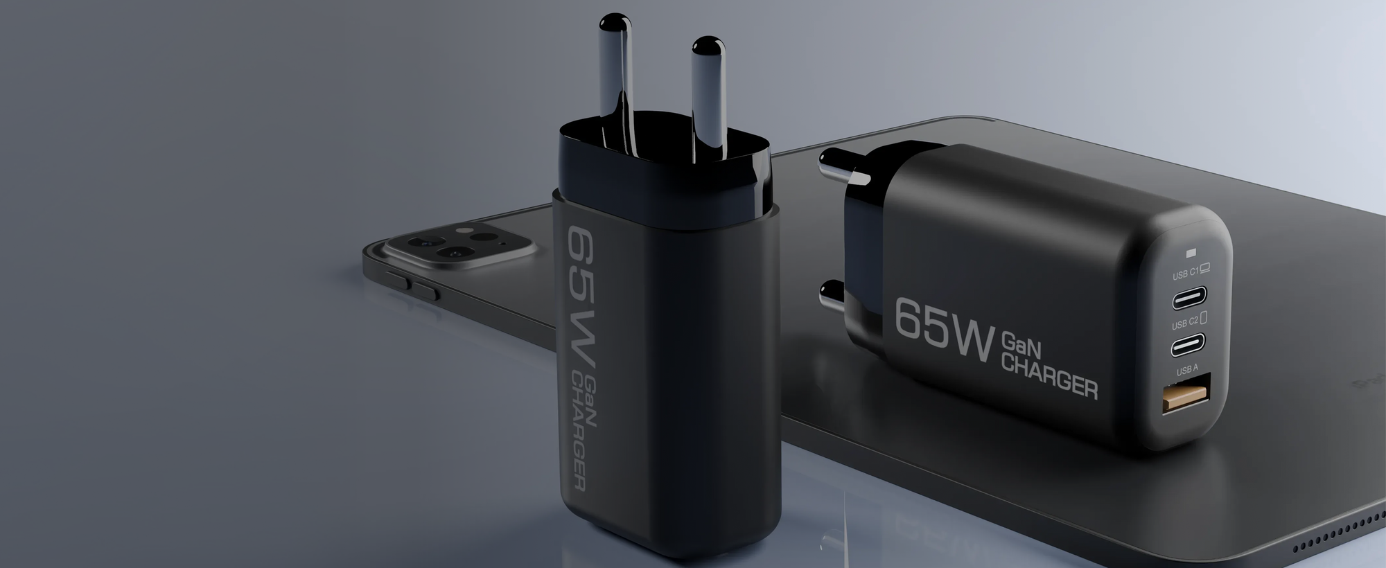alain HyperLux 65W GaN Fast Charger 3 Ports (2 USB-C + 1 USB-A) - Black