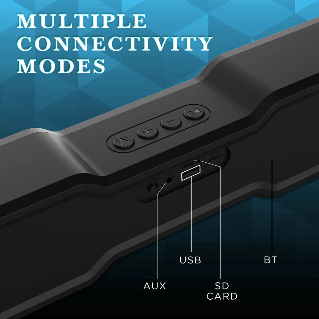 Black wireless speaker showing AUX, USB, SD card, and Bluetooth connectivity options.