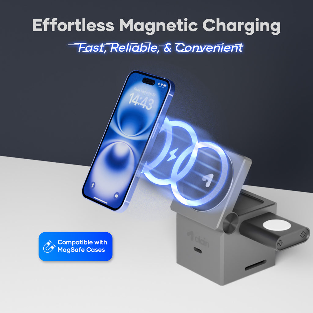 Magnetic wireless charger stand with smartphone showing fast charging and MagSafe compatibility