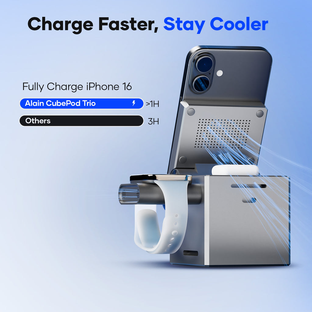 Compact charging station with smartphone, smartwatch, and earbuds, fast cooling design