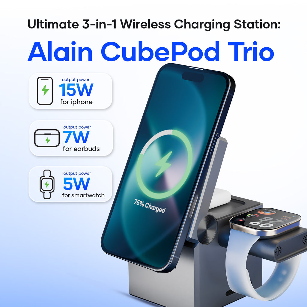 3-in-1 wireless charging station with smartphone, earbuds, and smartwatch charging