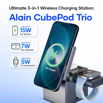 3-in-1 wireless charging station with smartphone, earbuds, and smartwatch charging