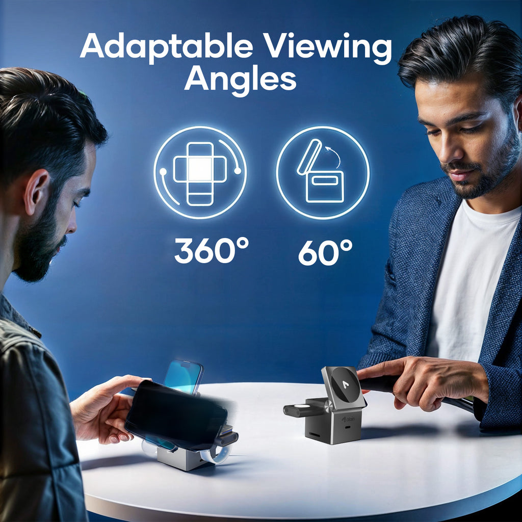 Two men using wireless chargers with smartphones on a table, showcasing 360° and 60° adjustable viewing angles against a blue background.