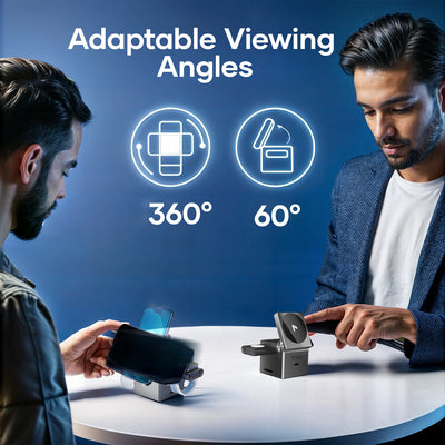 Two men using wireless chargers with smartphones on a table, showcasing 360° and 60° adjustable viewing angles against a blue background.