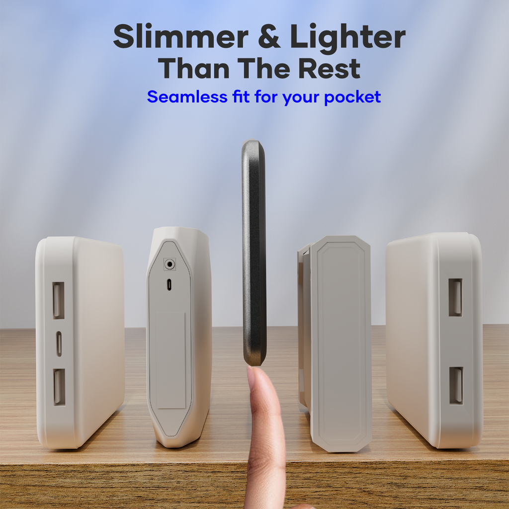 Slim MagSafe wireless power bank compared to bulkier chargers on a wooden surface