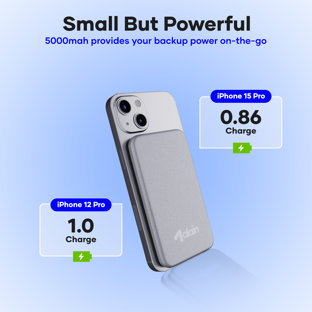 Slim magnetic 5000mAh power bank attached to iPhone, charging on light blue background.