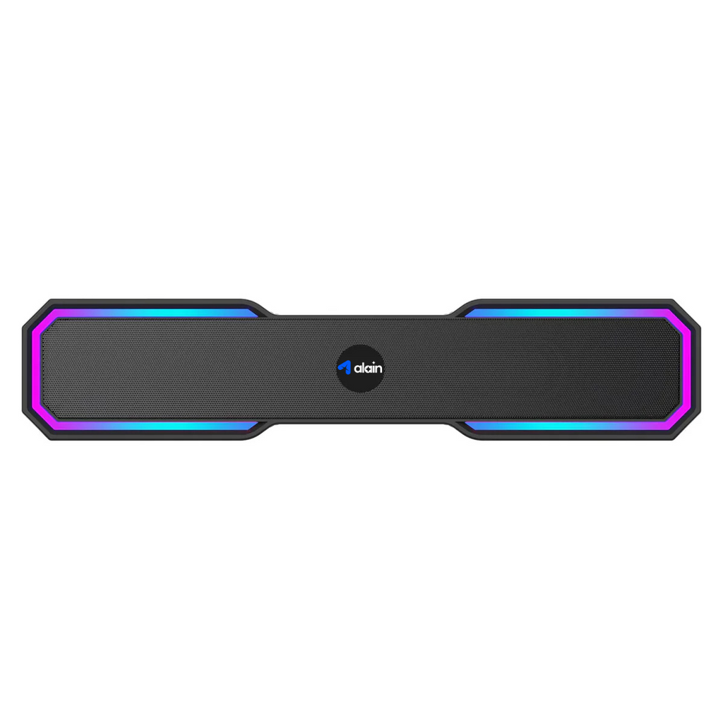 Black wireless Bluetooth speaker with LED RGB lights and central logo on white background